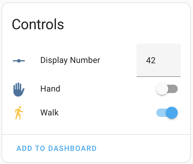 Cropped screenshot of a number entry box and two switches in Home Assistant.