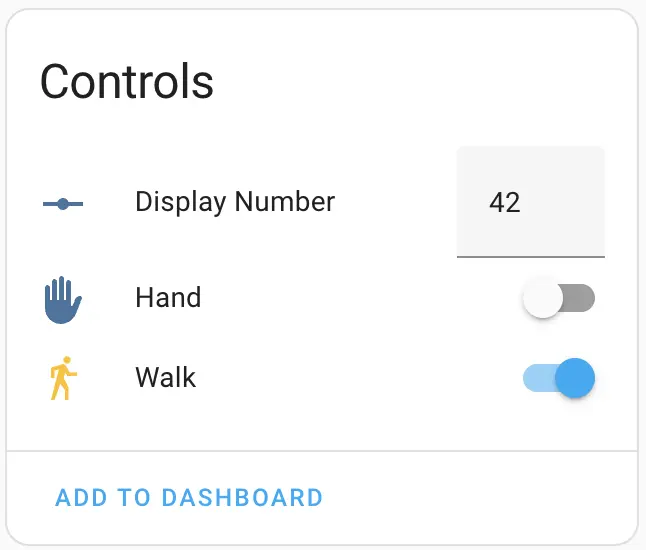 Cropped screenshot of a number entry box and two switches in Home Assistant.